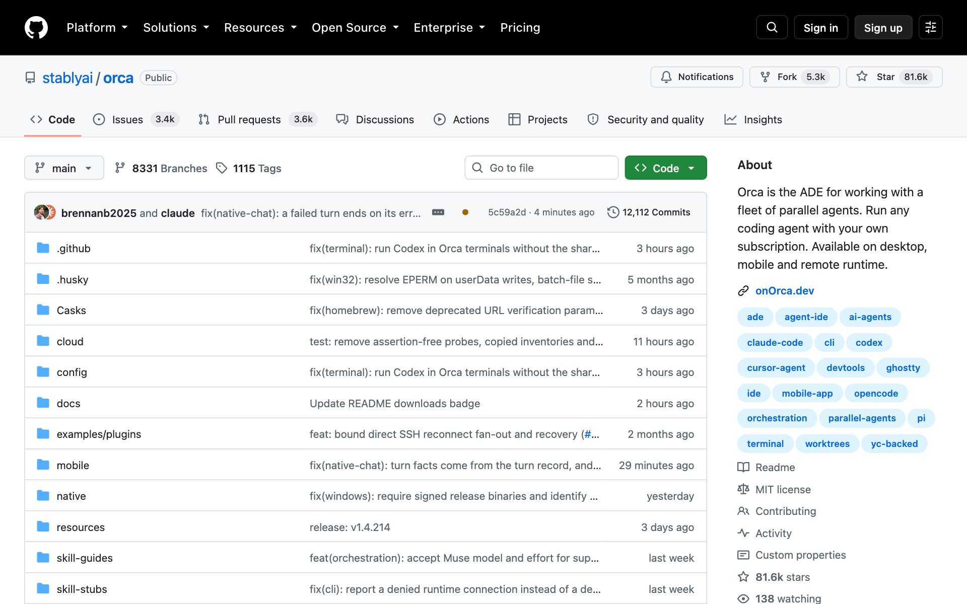 The Orca repo on GitHub, the app for working with a fleet of parallel agents