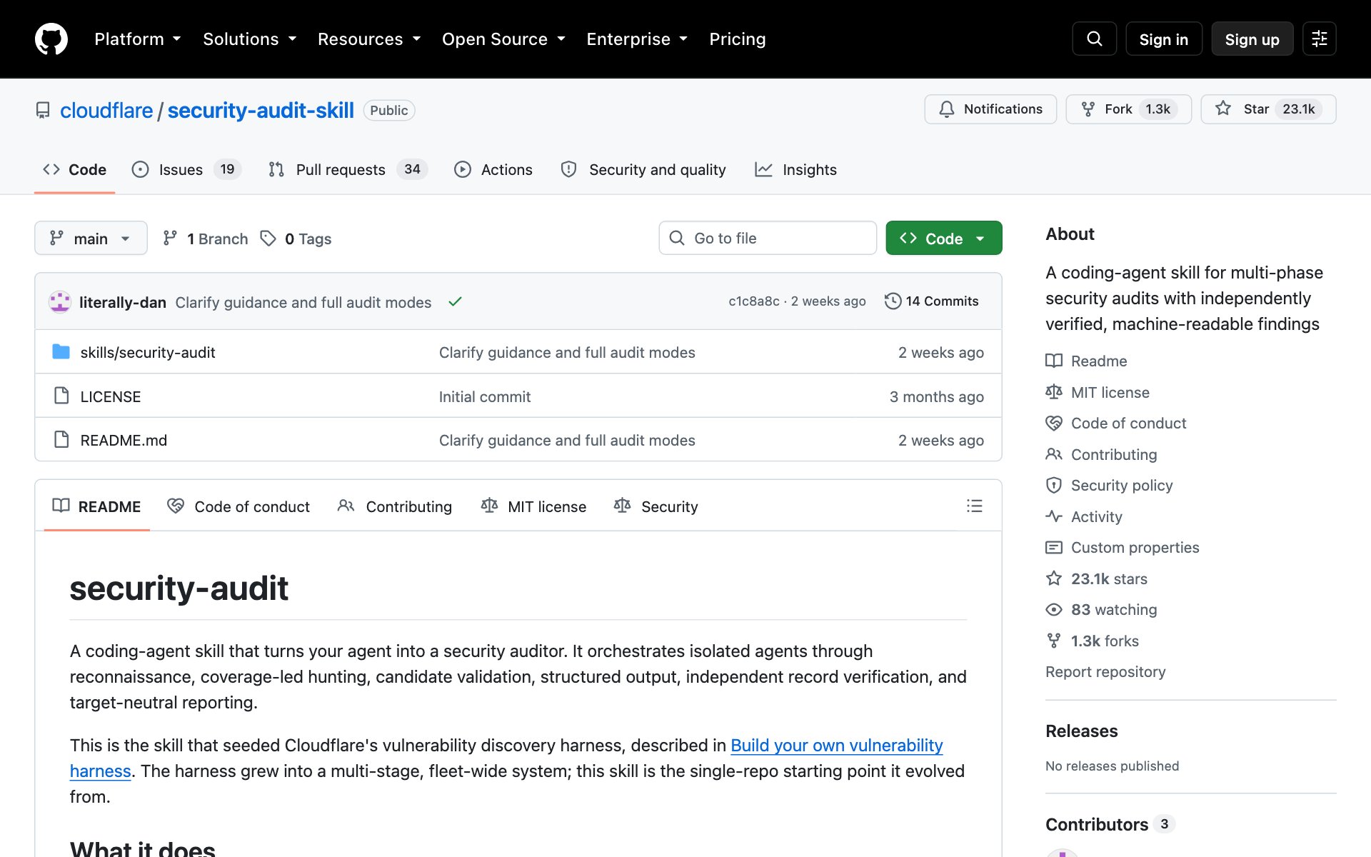 The cloudflare/security-audit-skill repo page on GitHub