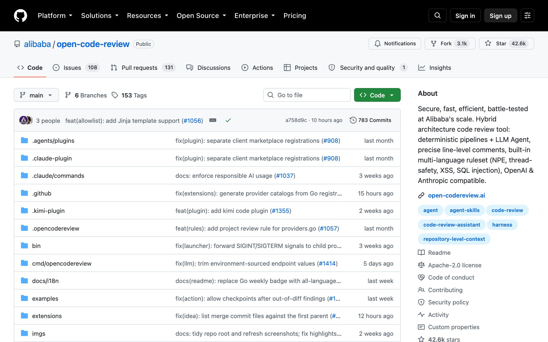 The alibaba/open-code-review repo page on GitHub