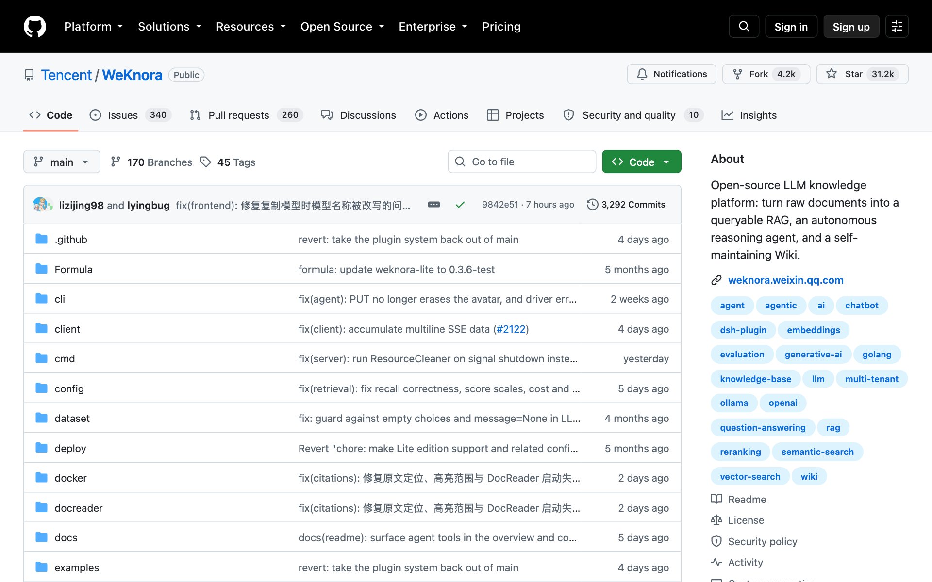 The Tencent/WeKnora repo page on GitHub