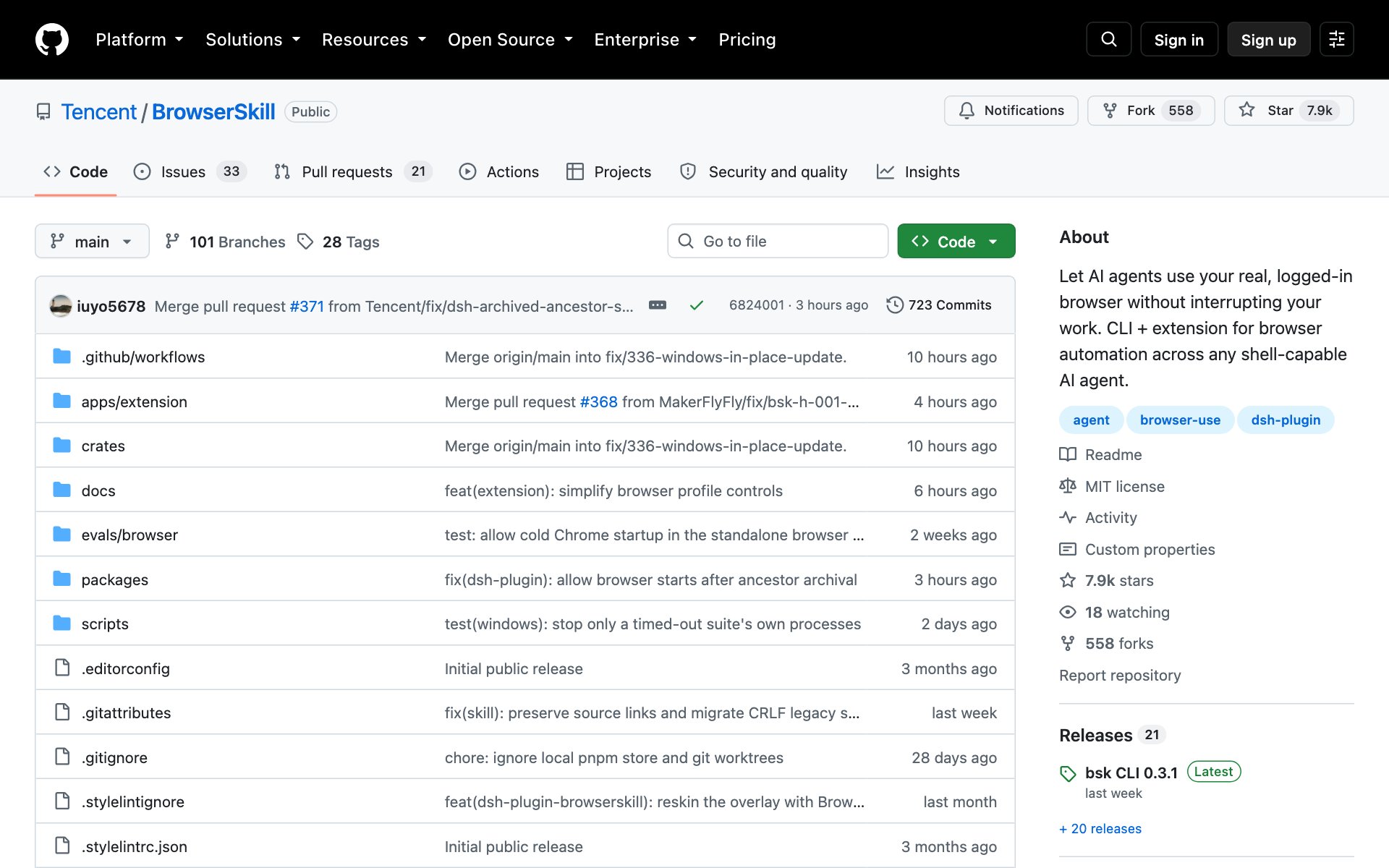 The Tencent/BrowserSkill repo page on GitHub