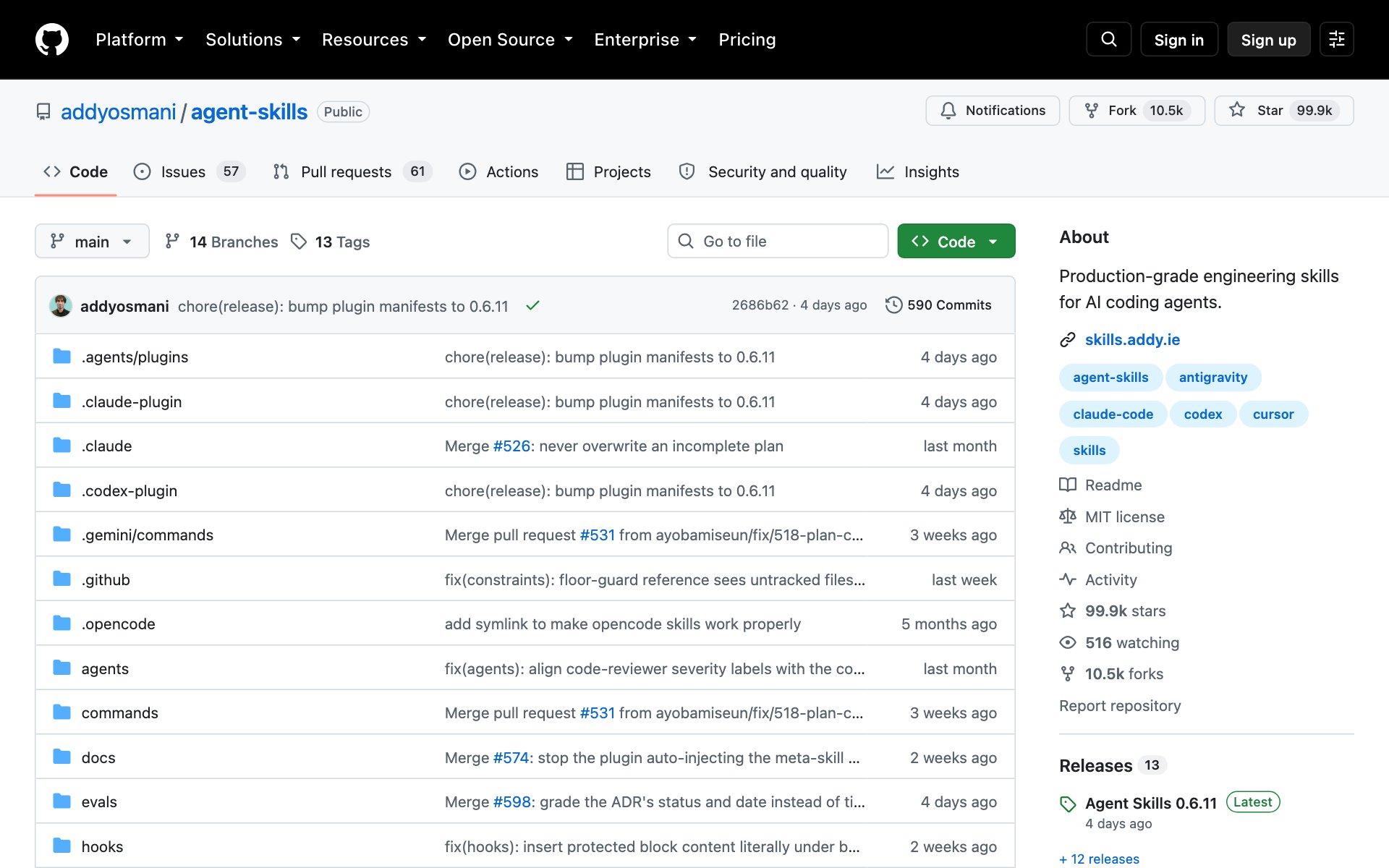 The addyosmani/agent-skills repo page on GitHub